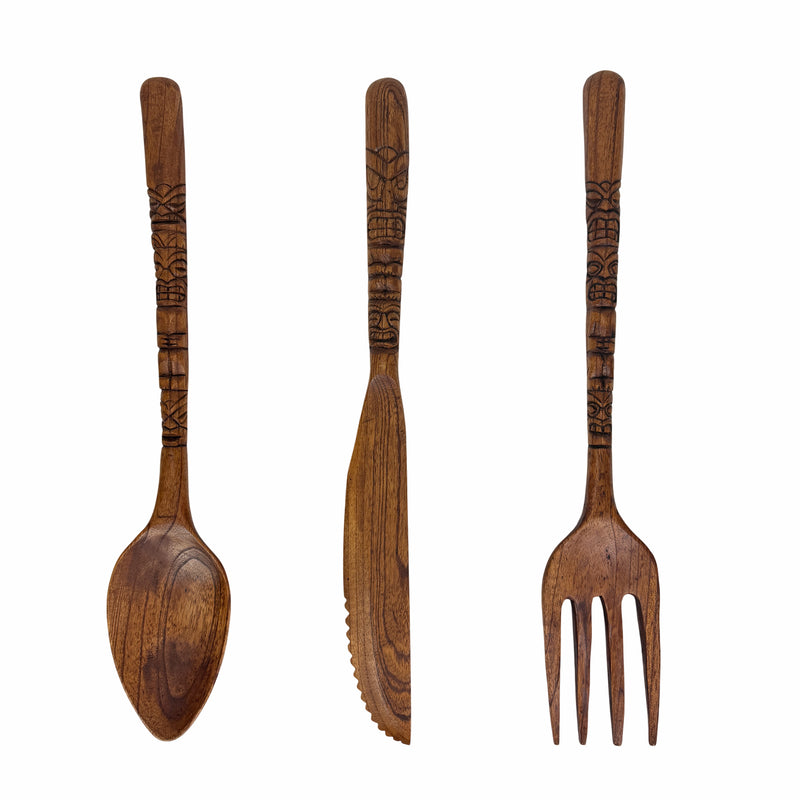 Zeckos Set of 3 Tiki Carved Wood Wall Cutlery, 24-Inch Spoon Fork Knife Image 1