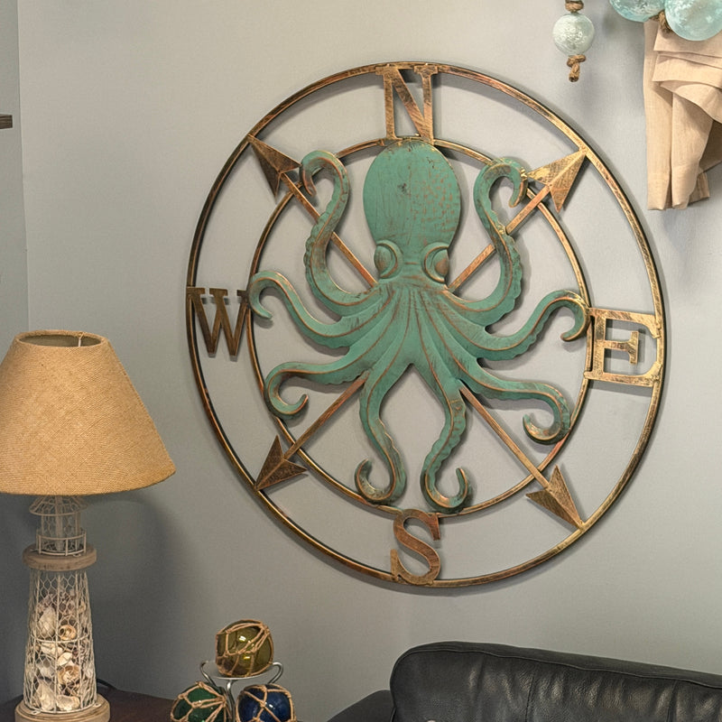 Zeckos Octopus Compass Rose Wall Sculpture, 28 Inch Metal Aqua and Bronze Image 4