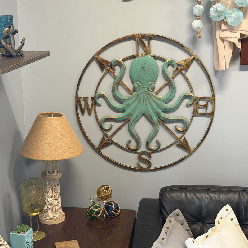 Zeckos Octopus Compass Rose Wall Sculpture, 28 Inch Metal Aqua and Bronze Image 5