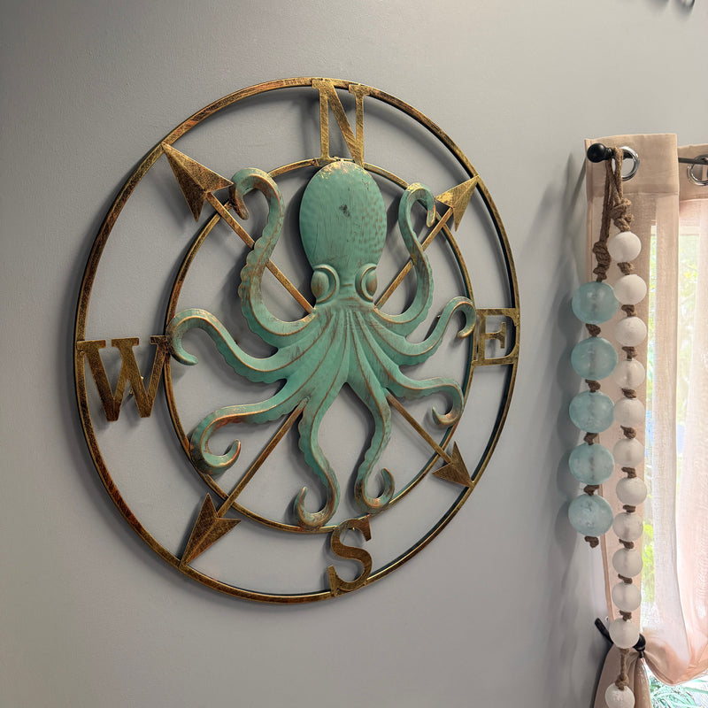 Zeckos Octopus Compass Rose Wall Sculpture, 28 Inch Metal Aqua and Bronze Image 7