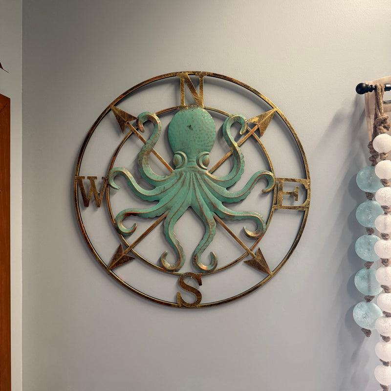 Zeckos Octopus Compass Rose Wall Sculpture, 28 Inch Metal Aqua and Bronze Image 8