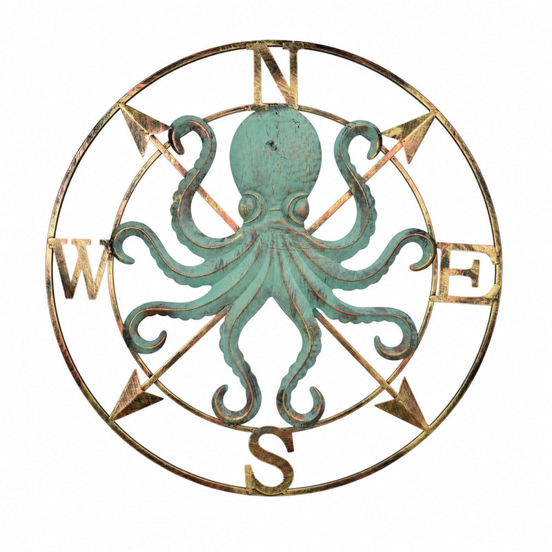 Zeckos Octopus Compass Rose Wall Sculpture, 28 Inch Metal Aqua and Bronze Image 1