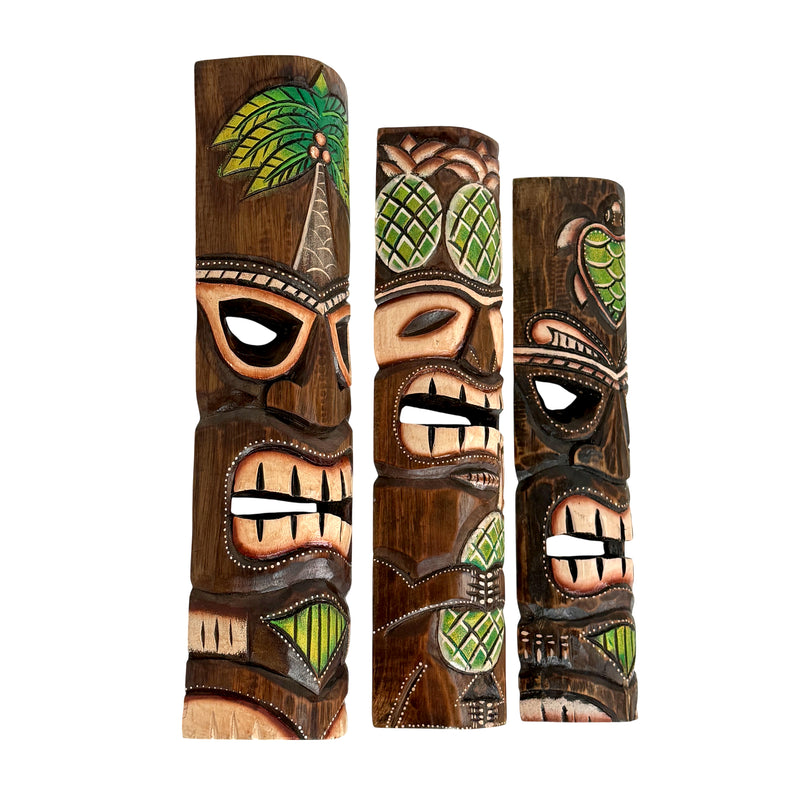 Zeckos Set of 3 Green Tiki Mask Wall Sculptures, 19 Inch Hand-Carved Wood Image 2