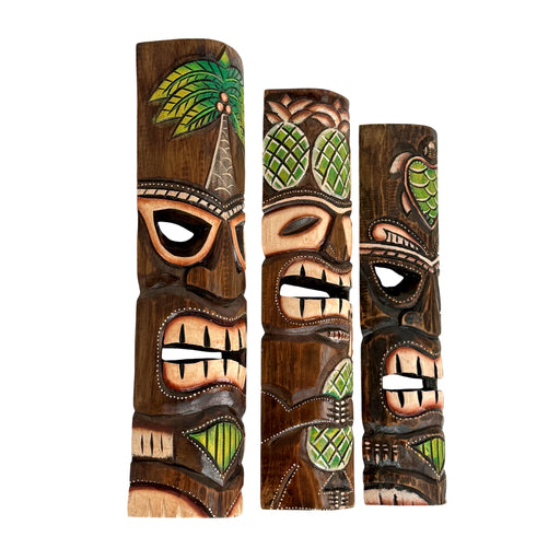 Zeckos Set of 3 Green Tiki Mask Wall Sculptures, 19 Inch Hand-Carved Wood Image 2