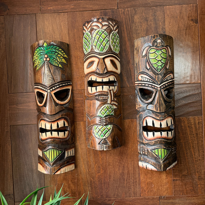 Zeckos Set of 3 Green Tiki Mask Wall Sculptures, 19 Inch Hand-Carved Wood Image 4