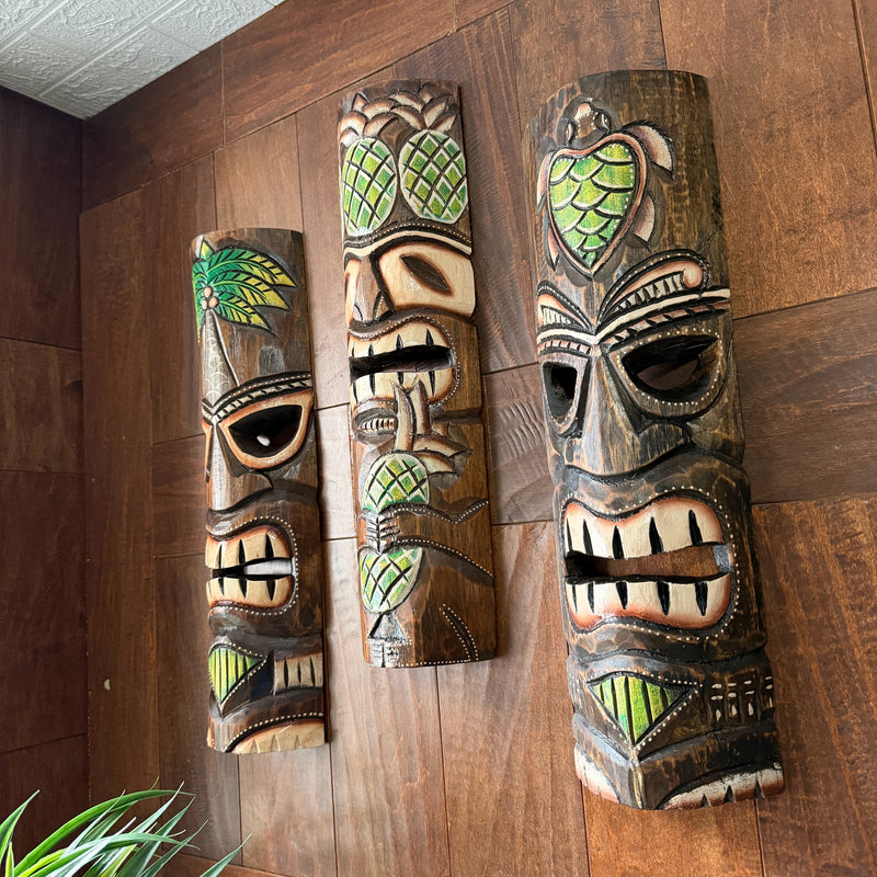 Zeckos Set of 3 Green Tiki Mask Wall Sculptures, 19 Inch Hand-Carved Wood Image 5