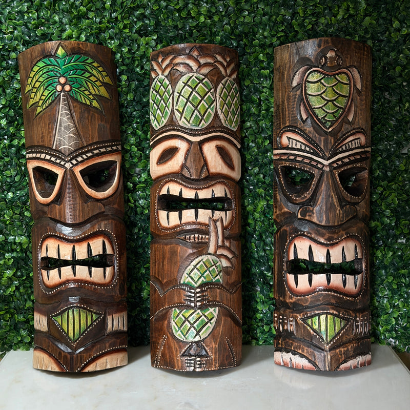 Zeckos Set of 3 Green Tiki Mask Wall Sculptures, 19 Inch Hand-Carved Wood Image 6