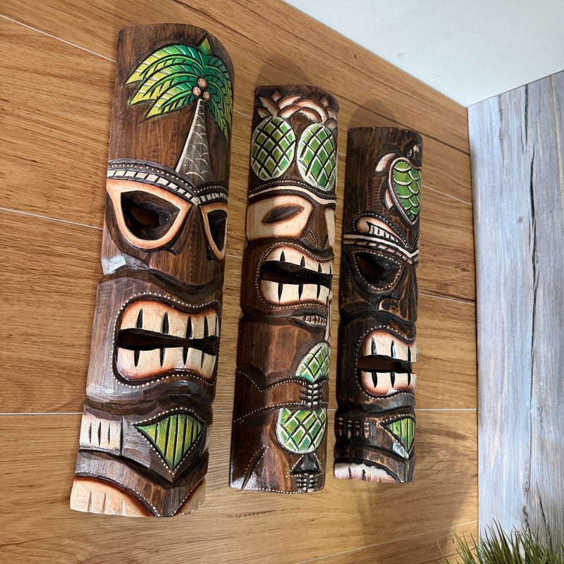 Zeckos Set of 3 Green Tiki Mask Wall Sculptures, 19 Inch Hand-Carved Wood Image 7