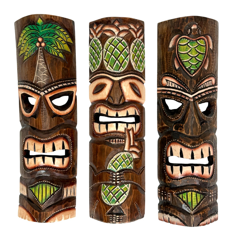 Zeckos Set of 3 Green Tiki Mask Wall Sculptures, 19 Inch Hand-Carved Wood Image 1