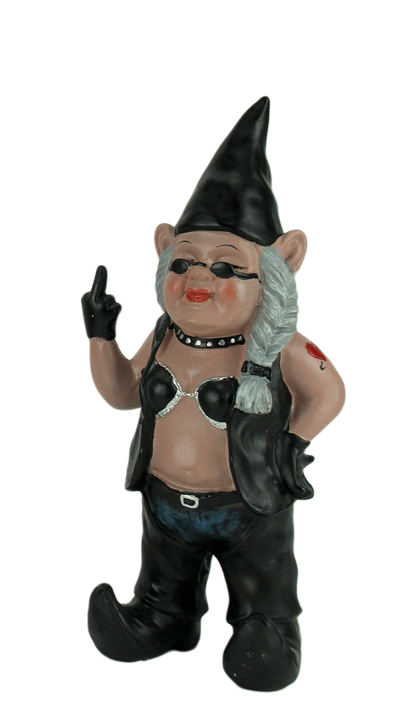 Gnofun The Rebellious Lady Biker Gnome - Unique and Funny Decorative 12.5-Inch Tall Indoor/Outdoor Rude Gesture Resin Statue