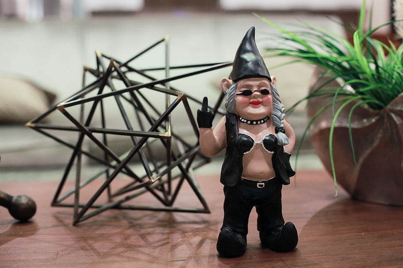 Gnofun The Rebellious Lady Biker Gnome - Unique and Funny Decorative 12.5-Inch Tall Indoor/Outdoor Rude Gesture Resin Statue
