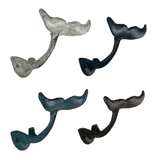 decorative fish wall hooks Zeckos Colorful Coastal Cast Iron Whale Tail Set of 4 Wall Hooks Natural