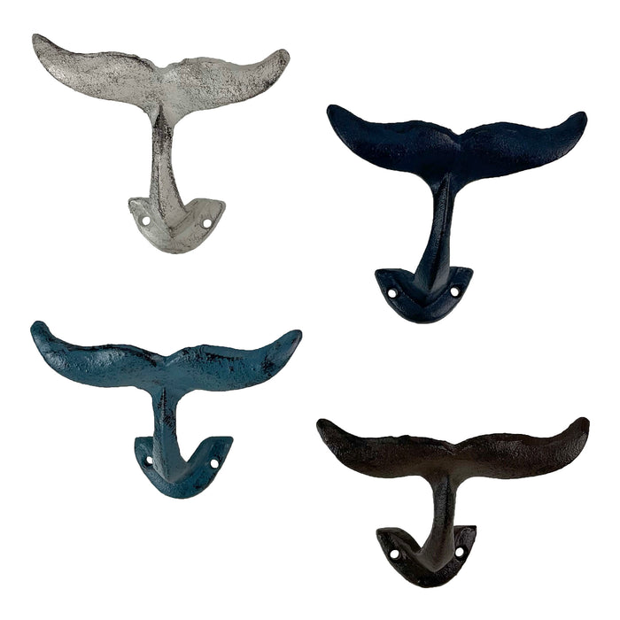 Natural - Image 2 - Set of 4 Colorful Cast Iron Whale Tail Wall Hooks - Decorative Nautical Coat, Towel or Clothing Hangers