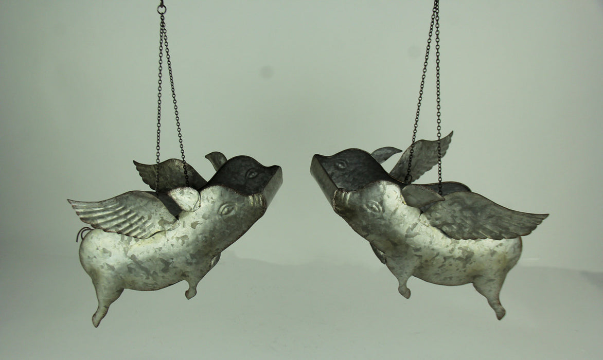 Gray - Image 2 - Galvanized Metal Flying Pig Hanging Planters Set of 2 Large Outdoor Décor