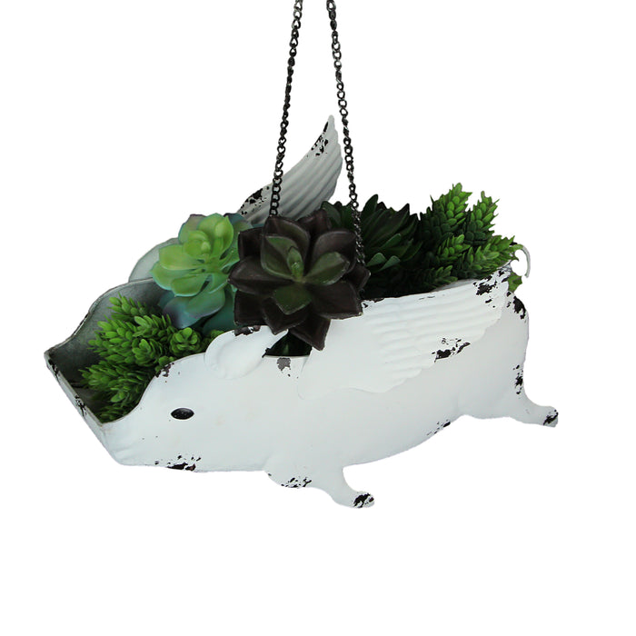 White - Image 2 - Set of 2 Antique White Finish Metal Flying Pig Hanging Planters - Perfect for Succulents and Flowers -