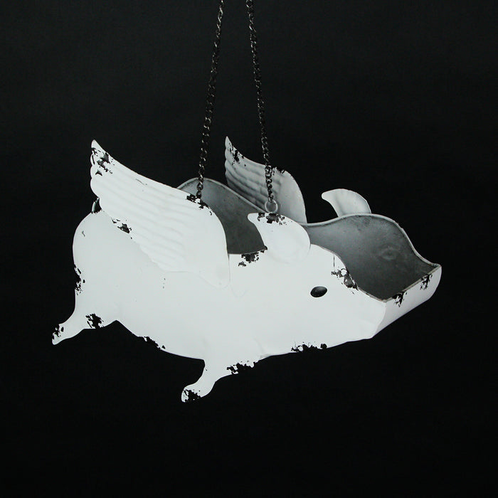 White - Image 8 - Antique White Finish Metal Flying Pig Hanging Planter - 14 Inches Long - Perfect for Your Outdoor Home