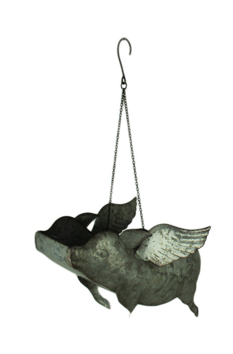 Gray - Image 1 - Galvanized Zinc Finish Metal Flying Pig Hanging Planter Outdoor Décor