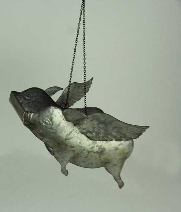 Gray - Image 3 - Galvanized Grey Distressed Metal Flying Pig Hanging Planter With Hanger Chain: 14-Inch Length, Whimsical