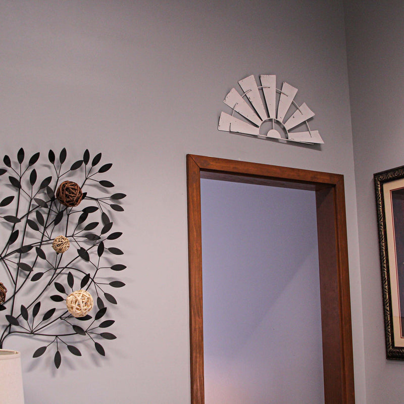 White - Image 7 - 24 Inch Long Rustic Galvanized Metal Half Windmill Wall Art - Distressed White Finish - Easy Install -