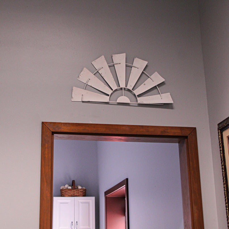 White - Image 8 - 24 Inch Long Rustic Galvanized Metal Half Windmill Wall Art - Distressed White Finish - Easy Install -