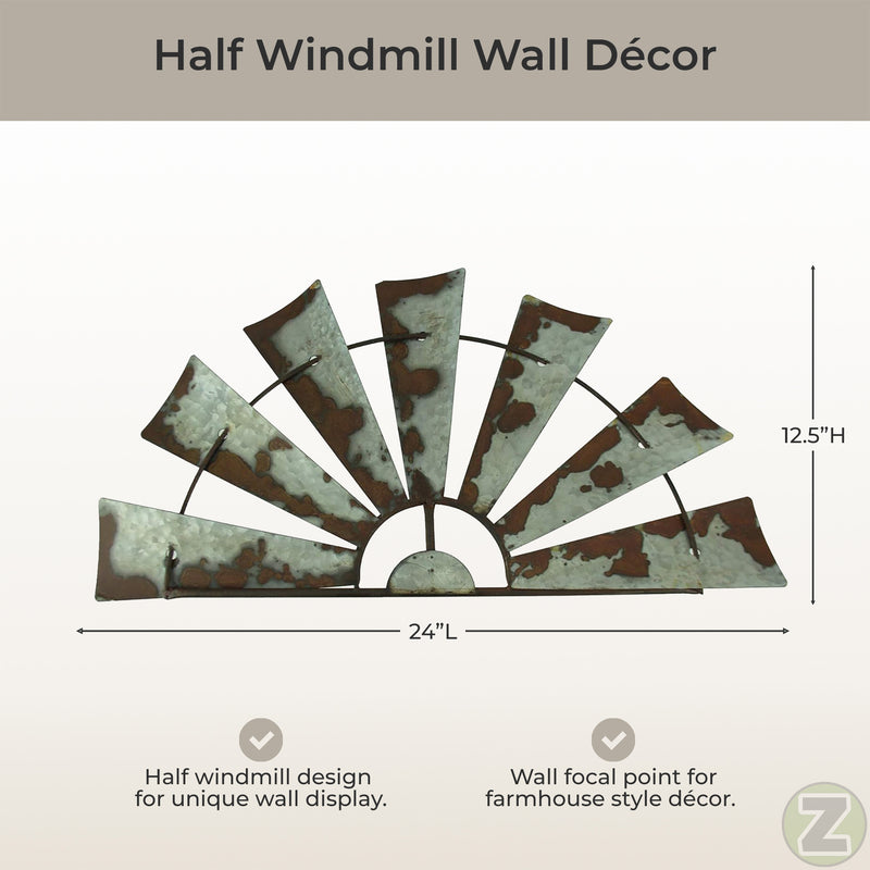 Gray - Image 5 - Windmill Wall Sculpture, 24 Inch Weathered Galvanized Metal Half Windmill