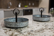 Pair of Versatile Rustic Galvanized Metal Round Single Tier Serving Trays with Handles - Elegant Kitchen and Home Decor