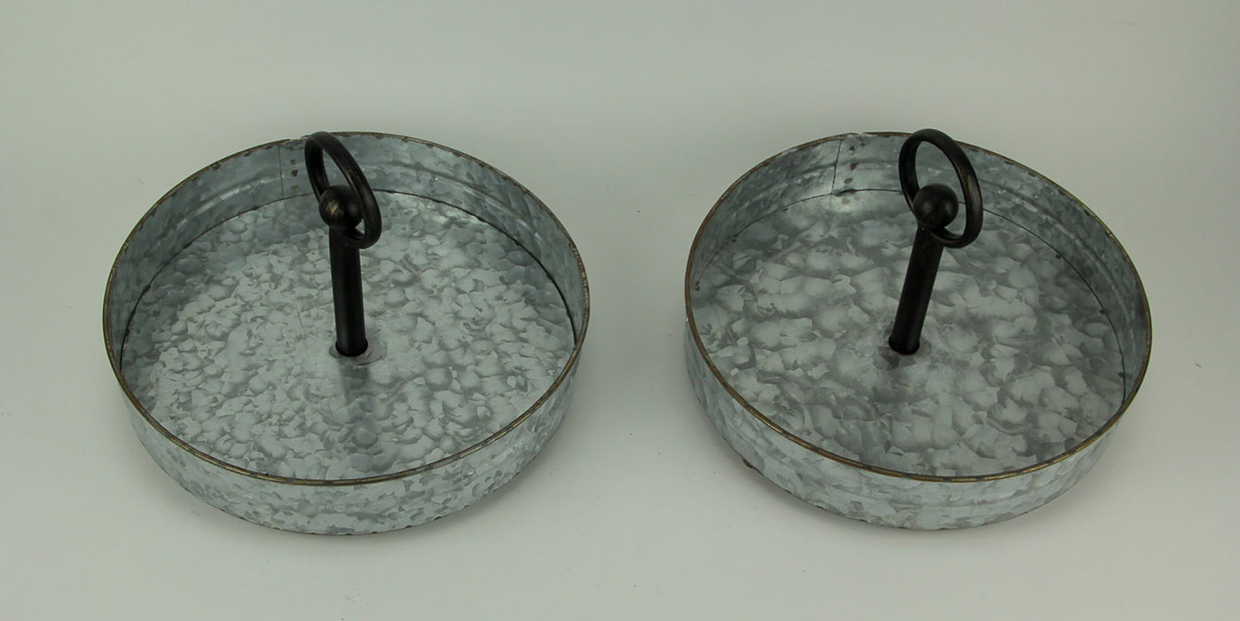 Pair of Versatile Rustic Galvanized Metal Round Single Tier Serving Trays with Handles - Elegant Kitchen and Home Decor