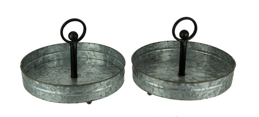 Pair of Versatile Rustic Galvanized Metal Round Single Tier Serving Trays with Handles - Elegant Kitchen and Home Decor