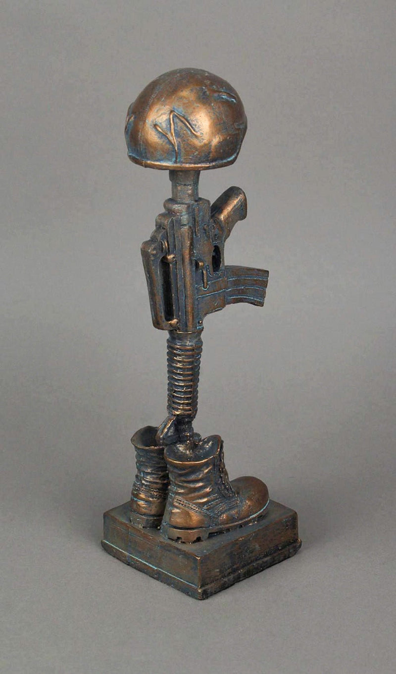 Antique Bronze Finish Battle Cross Fallen Soldier Helmet Boots and Rifle Statue Image 3