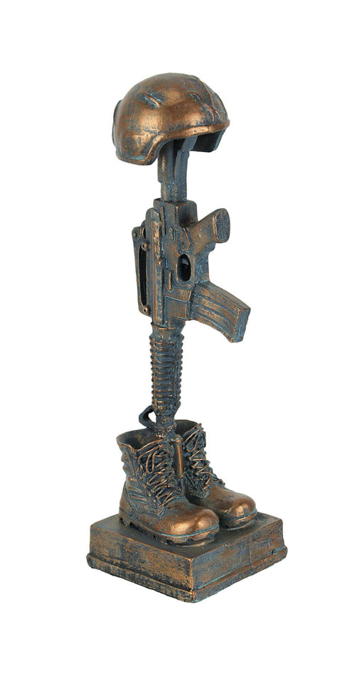Antique Bronze Finish Battle Cross Fallen Soldier Helmet Boots and Rifle Statue Image 1