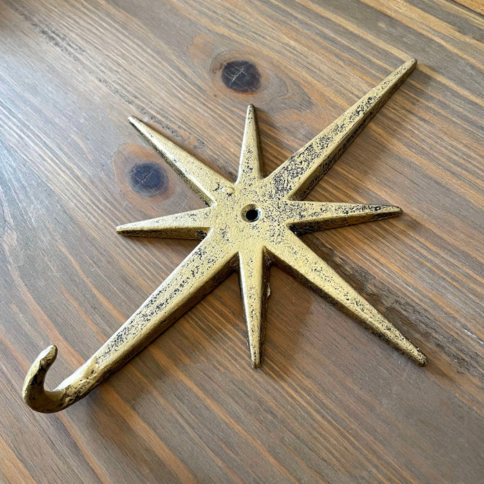 Antique Gold Cast Iron Atomic Starburst Wall Hooks Set of 3 – Mid-Century Modern Decor for Stylish Organization and Chic