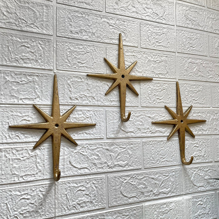 Antique Gold Cast Iron Atomic Starburst Wall Hooks Set of 3 – Mid-Century Modern Decor for Stylish Organization and Chic