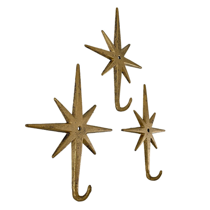 Antique Gold Cast Iron Atomic Starburst Wall Hooks Set of 3 – Mid-Century Modern Decor for Stylish Organization and Chic