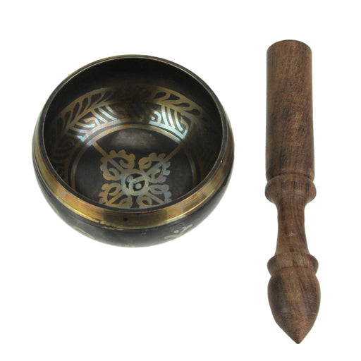 Antiqued Brass Tibetan Meditation Singing Bowl With Wooden Mallet 4 Inch Diameter Image 1