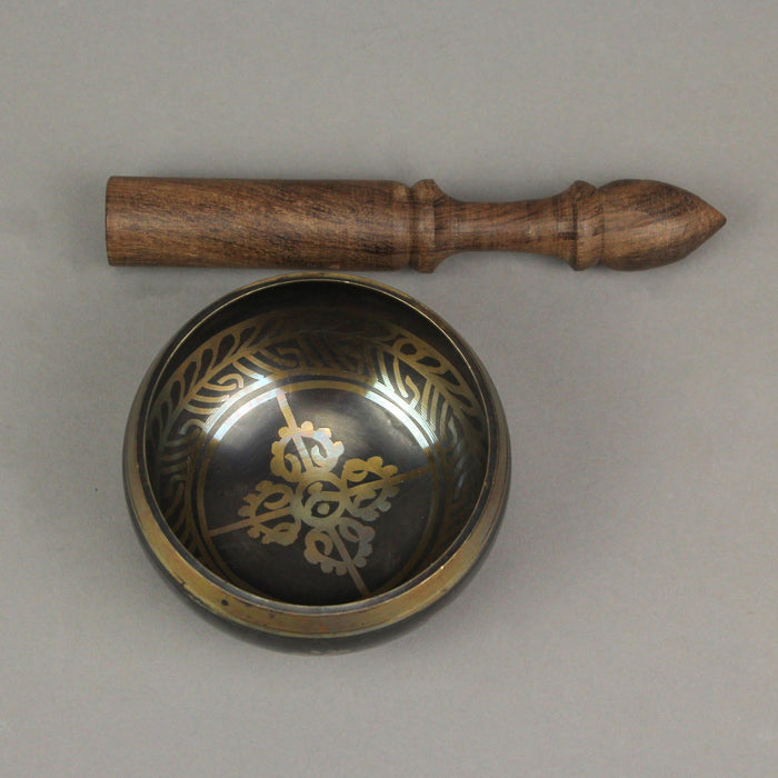 Antiqued Brass Tibetan Meditation Singing Bowl With Wooden Mallet 4 Inch Diameter Image 4