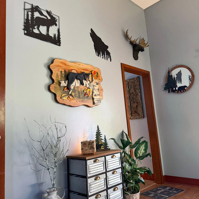 Bear Cub in Birch Forest Wood Wall Sculpture 24 x 34.5 Inch Rustic Intarsia Bear Wall Art for Cabin, Lodge, Living Room or