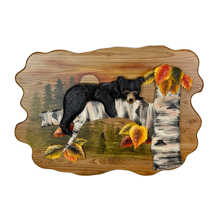 Bear Cub in Birch Forest Wood Wall Sculpture 24 x 34.5 Inch Rustic Intarsia Bear Wall Art for Cabin, Lodge, Living Room or