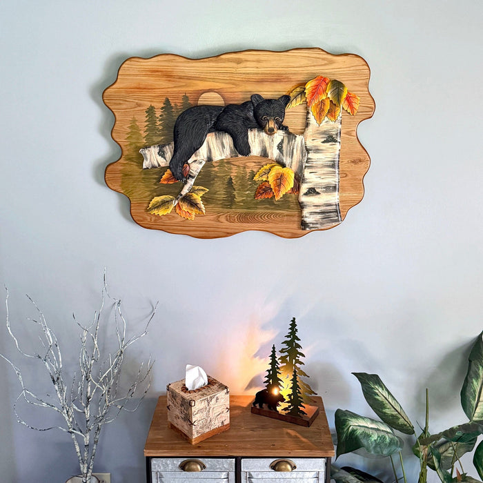 Bear Cub in Birch Forest Wood Wall Sculpture 24 x 34.5 Inch Rustic Intarsia Bear Wall Art for Cabin, Lodge, Living Room or