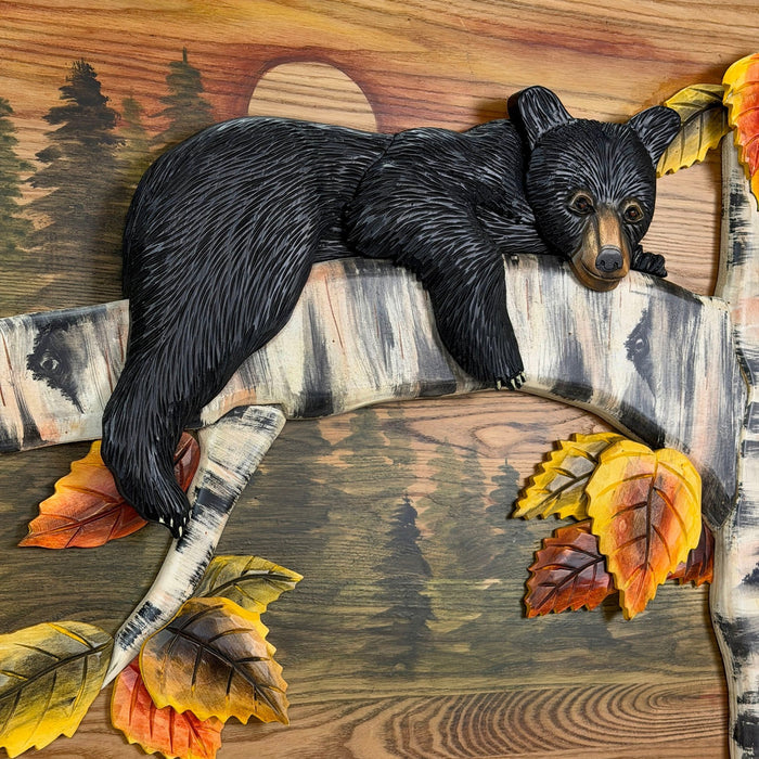 Bear Cub in Birch Forest Wood Wall Sculpture 24 x 34.5 Inch Rustic Intarsia Bear Wall Art for Cabin, Lodge, Living Room or