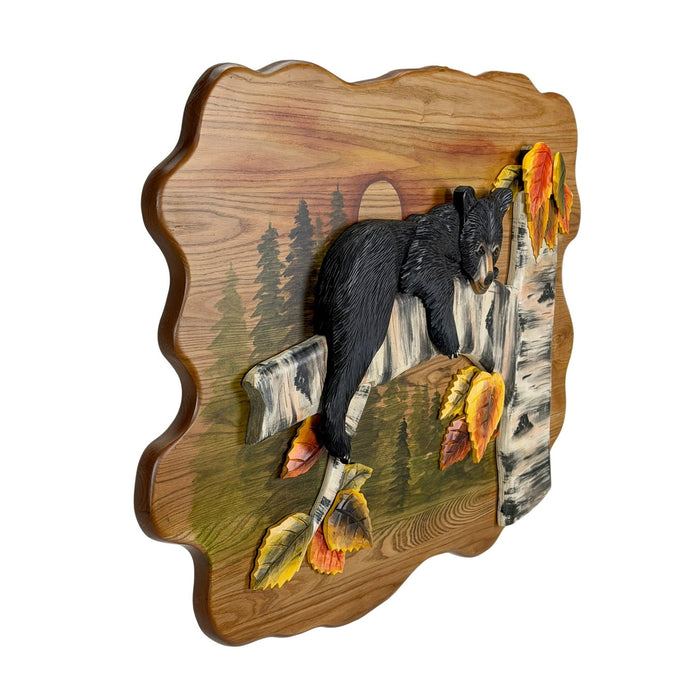 Bear Cub in Birch Forest Wood Wall Sculpture 24 x 34.5 Inch Rustic Intarsia Bear Wall Art for Cabin, Lodge, Living Room or