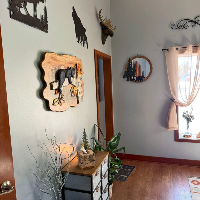 Bear Cub in Birch Forest Wood Wall Sculpture 24 x 34.5 Inch Rustic Intarsia Bear Wall Art for Cabin, Lodge, Living Room or