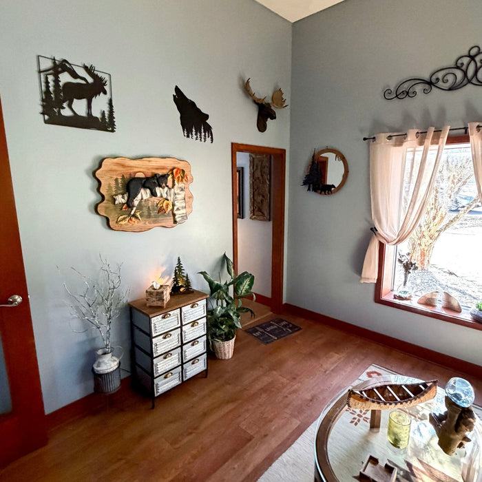 Bear Cub in Birch Forest Wood Wall Sculpture 24 x 34.5 Inch Rustic Intarsia Bear Wall Art for Cabin, Lodge, Living Room or