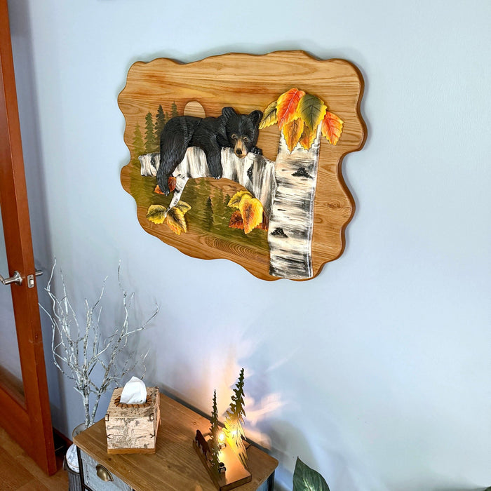 Bear Cub in Birch Forest Wood Wall Sculpture 24 x 34.5 Inch Rustic Intarsia Bear Wall Art for Cabin, Lodge, Living Room or
