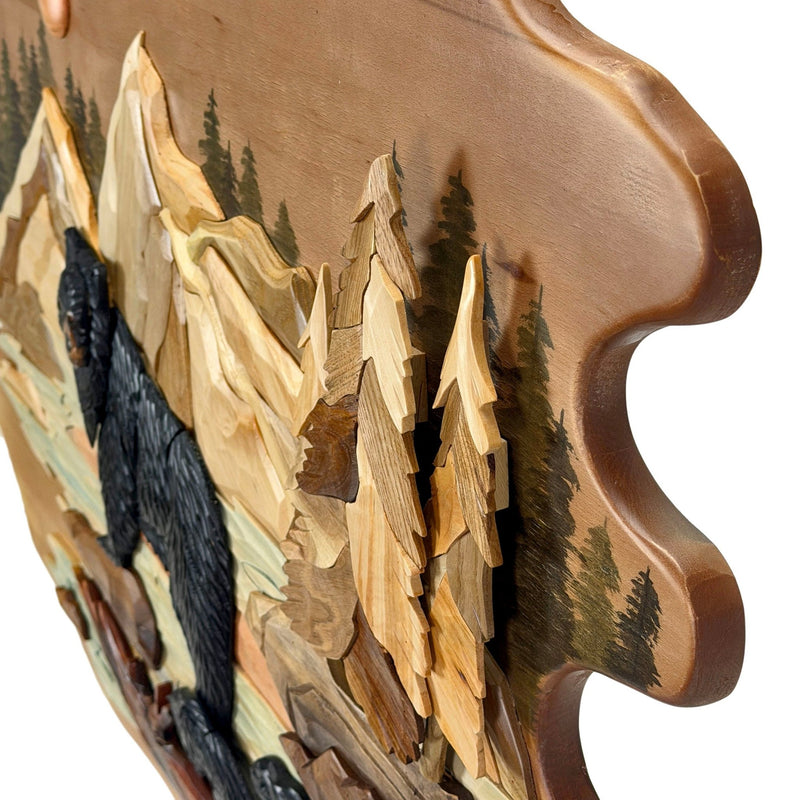 Bear Family In River Wood Wall Sculpture, 25.5 x 34 Inch Rustic Intarsia Bear Art With Glossy Finish, Hand Carved Layered