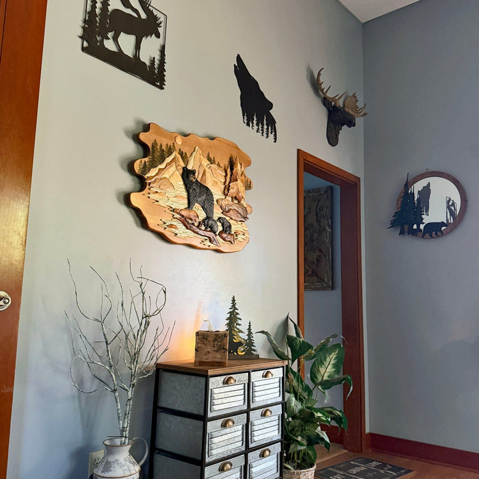 Bear Family In River Wood Wall Sculpture, 25.5 x 34 Inch Rustic Intarsia Bear Art With Glossy Finish, Hand Carved Layered