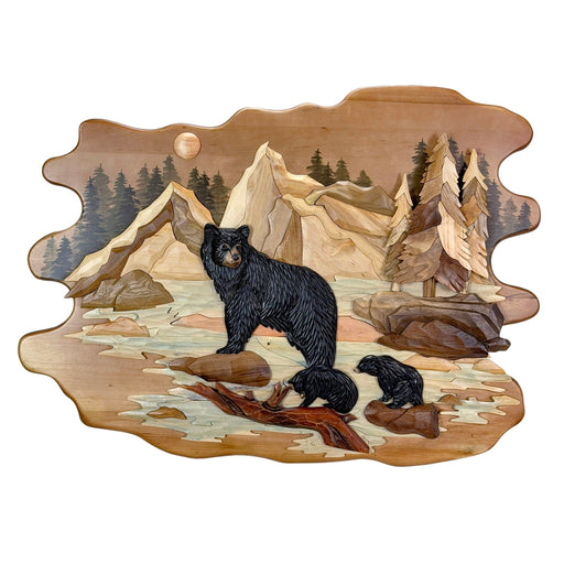 Bear Family In River Wood Wall Sculpture, 25.5 x 34 Inch Rustic Intarsia Bear Art With Glossy Finish, Hand Carved Layered