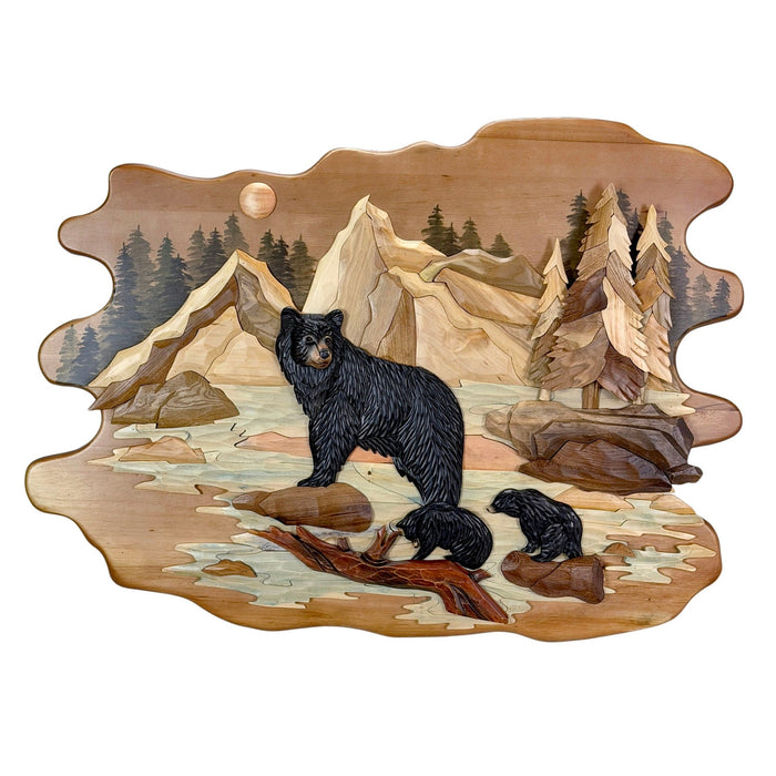 Bear Family In River Wood Wall Sculpture, 25.5 x 34 Inch Rustic Intarsia Bear Art With Glossy Finish, Hand Carved Layered
