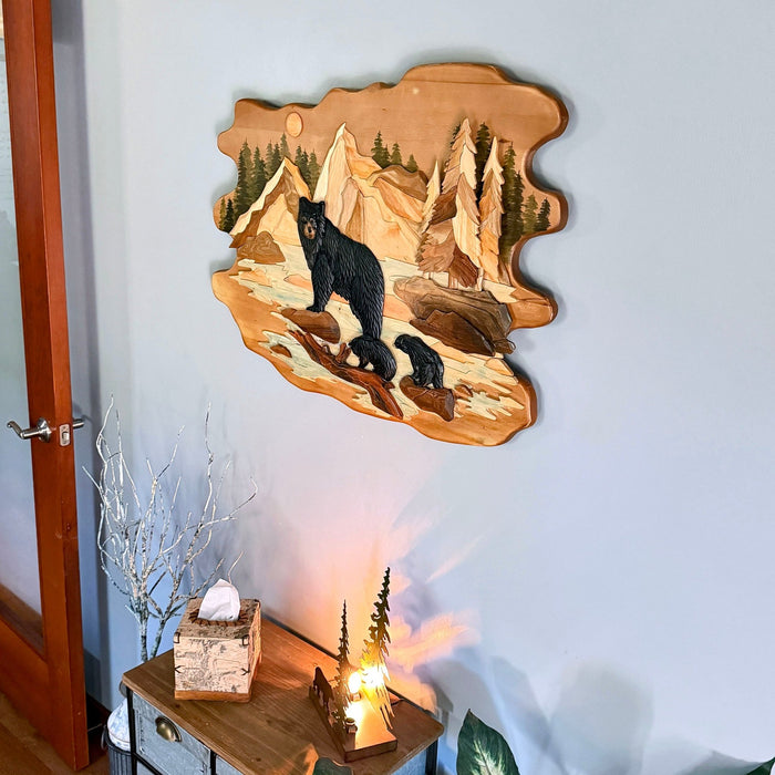 Bear Family In River Wood Wall Sculpture, 25.5 x 34 Inch Rustic Intarsia Bear Art With Glossy Finish, Hand Carved Layered