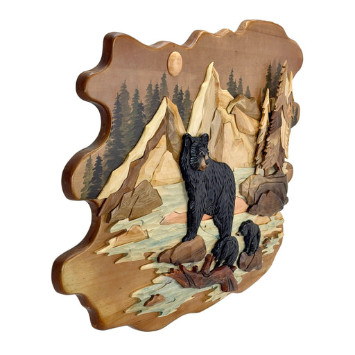 Bear Family In River Wood Wall Sculpture, 25.5 x 34 Inch Rustic Intarsia Bear Art With Glossy Finish, Hand Carved Layered