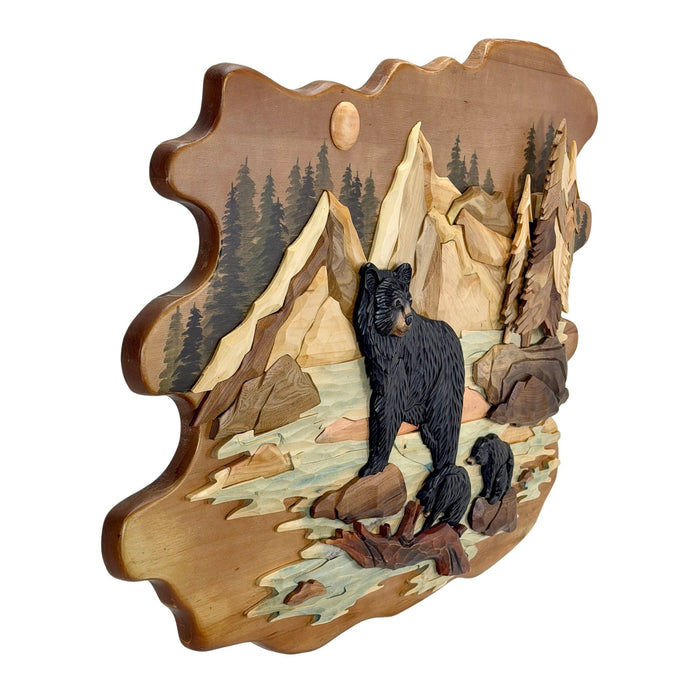Bear Family In River Wood Wall Sculpture, 25.5 x 34 Inch Rustic Intarsia Bear Art With Glossy Finish, Hand Carved Layered